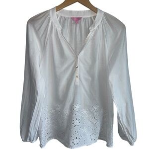 LILLY PULITZER Elsa Eyelet Top | White Long Sleeve V-Neck Cotton Blouse | Small